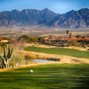 view of golf course with mountains